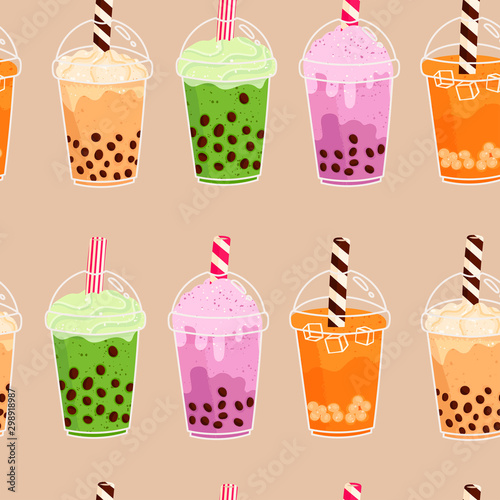 Set of various Bubble tea. Milk tea with tapioca pearls. Boba tea. Asian Taiwanese drink. Hand drawn colored trendy vector seamless pattern. Cartoon style. Flat design.
