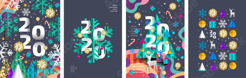 Merry Christmas and a happy new year 2020! Modern abstract geometrical illustration of a Christmas tree, snowflake and toys for the holiday poster, banner, card, background or pattern