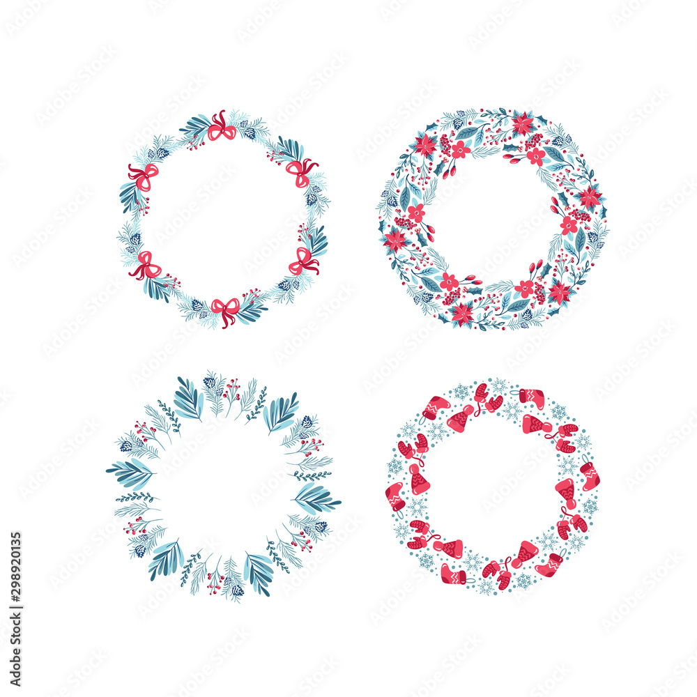 Set of Christmas wreath with berries, pine cone and branches. Vector template for greeting card. Winter frame isolated on white background with place for text