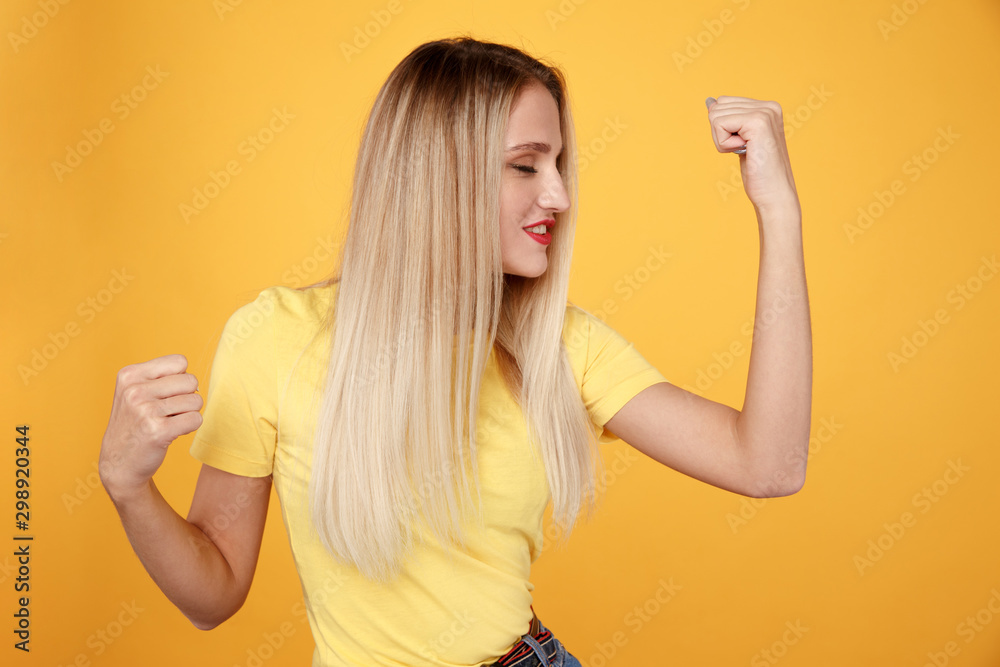 Strong cheerful woman having fun isolated Strong cheerful woman having fun isolated