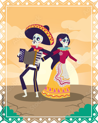 dia de los muertos card with mariachi playing accordion and catrina