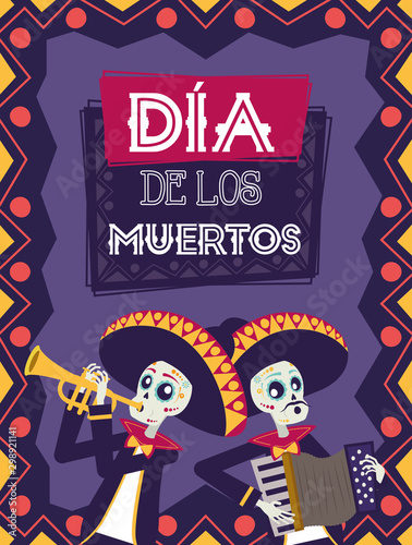 dia de los muertos card with mariachis skulls playing trumpet and accordion