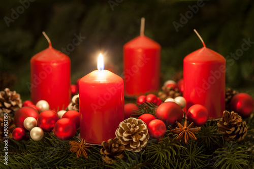 Advent wreath with candles on the first Sunday in Advent