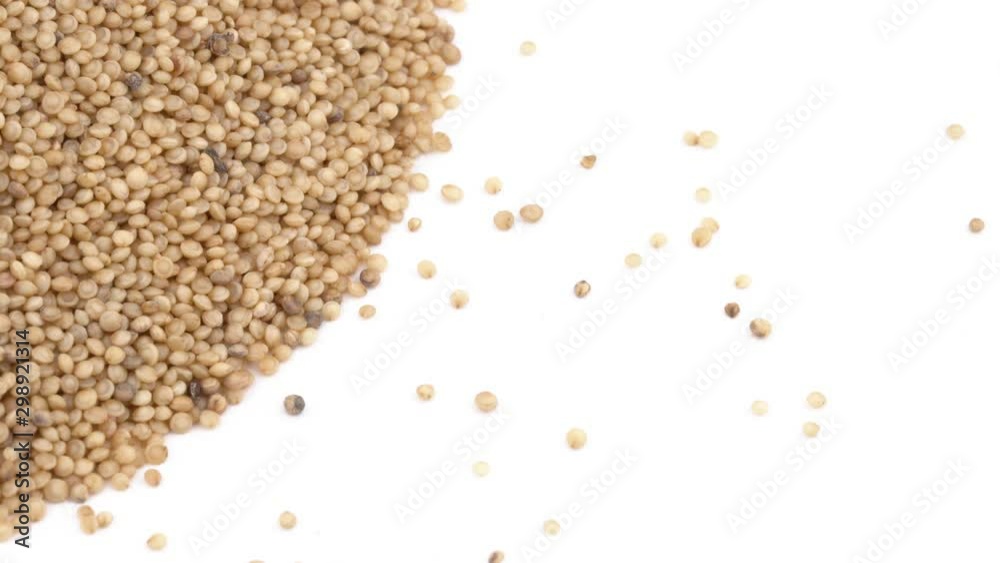 Handful of raw amaranth rotating. Gluten free cereals, healthy diet concept. Isolated, on white background. Copy space Handful of raw amaranth rotating. Gluten free cereals, healthy diet concept. Isolated, on white background. Copy space