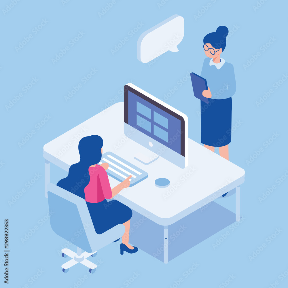 Boss and employee. Young woman sitting and walking at computer. Woman boss standing opposite. Coworkers. Vector isolated isometric characters. Boss and employee. Young woman sitting and walking at computer. Woman boss standing opposite. Coworkers. Vector isolated isometric characters.