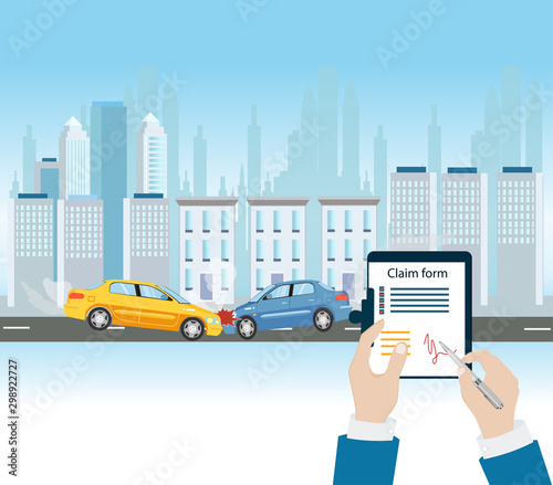 Vector of a man filling out an insurance claim form on background of crashed car.