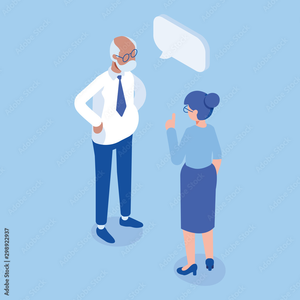 Isometric elderly business man and woman standing and having conversation. Talking. Business people team. Disscussing new idea. Coworkers. Vector isolated isometric characters.