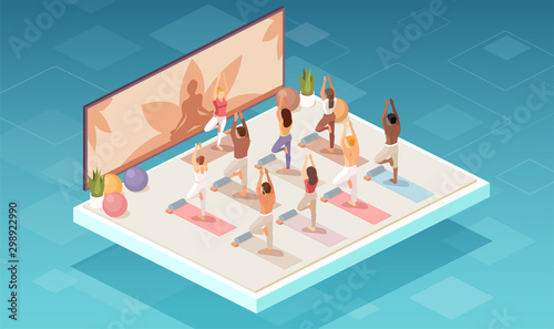 Vector of a group of people doing yoga exercises in a studio or fitness center.