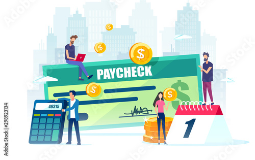 Vector of employees, calendar with payday and a paycheck photo