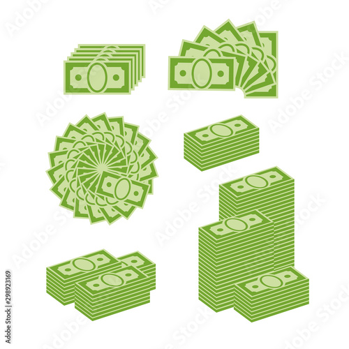 Various money bills dollar cash paper bank notes and gold coins vector set. Money cash heap.