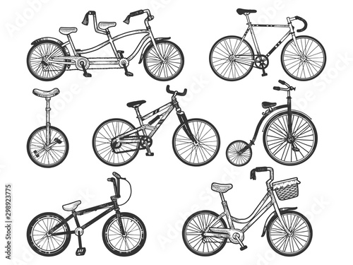 Bicycle set sketch engraving vector illustration. T-shirt apparel print design. Scratch board style imitation. Hand drawn image.
