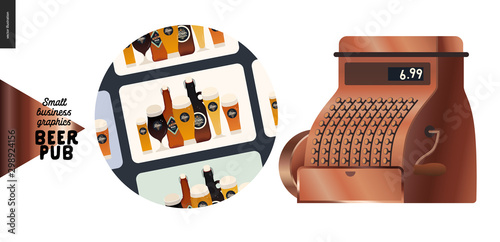 Brewery, craft beer pub -small business graphics -gift cards icon and vintage cash register -modern flat vector concept illustrations