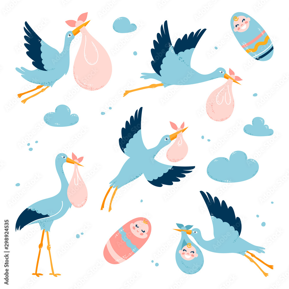 Obraz premium Storks carry children to their parents. Flying birds. Vector illustration on a white isolated background