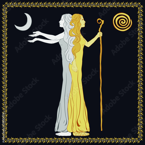 Women in the image of a two-faced Janus. A woman with a staff, stick. A woman with outstretched arms. Vector illustration