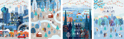 Winter nature, village, country, city landscapes. Vector illustration of natural, urban and rustic background for poster, banner, card, brochure or cover.