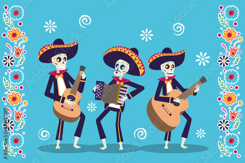 dia de los muertos card with mariachis skulls playing instruments