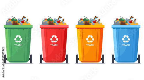Multi-colored trash cans are full. Flat vector illustration.
