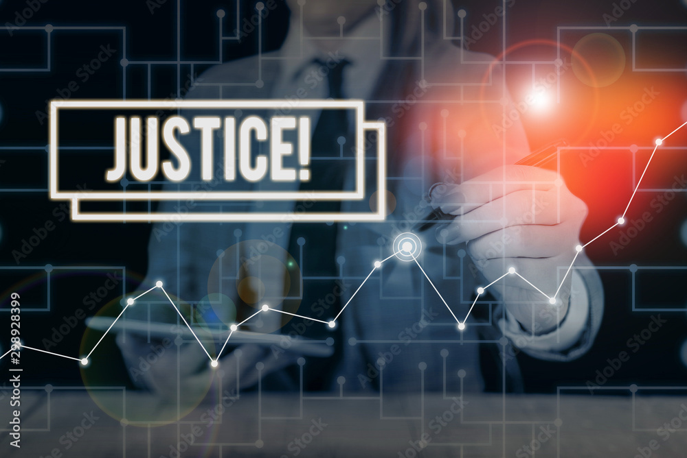 Text sign showing Justice. Business photo text impartial adjustment of conflicting claims or assignments Woman wear formal work suit present presentation using smart latest device Text sign showing Justice. Business photo text impartial adjustment of conflicting claims or assignments Woman wear formal work suit present presentation using smart latest device