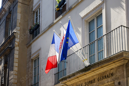 PARIS, FRANCE - May 6, 2018: French flag and EU Community Flag