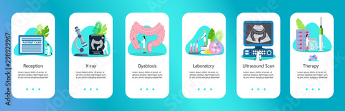 Intestine concept vector for app sets. Doctors treat dysbiosis. Tiny therapist makes ultrasound scan and x-ray image.