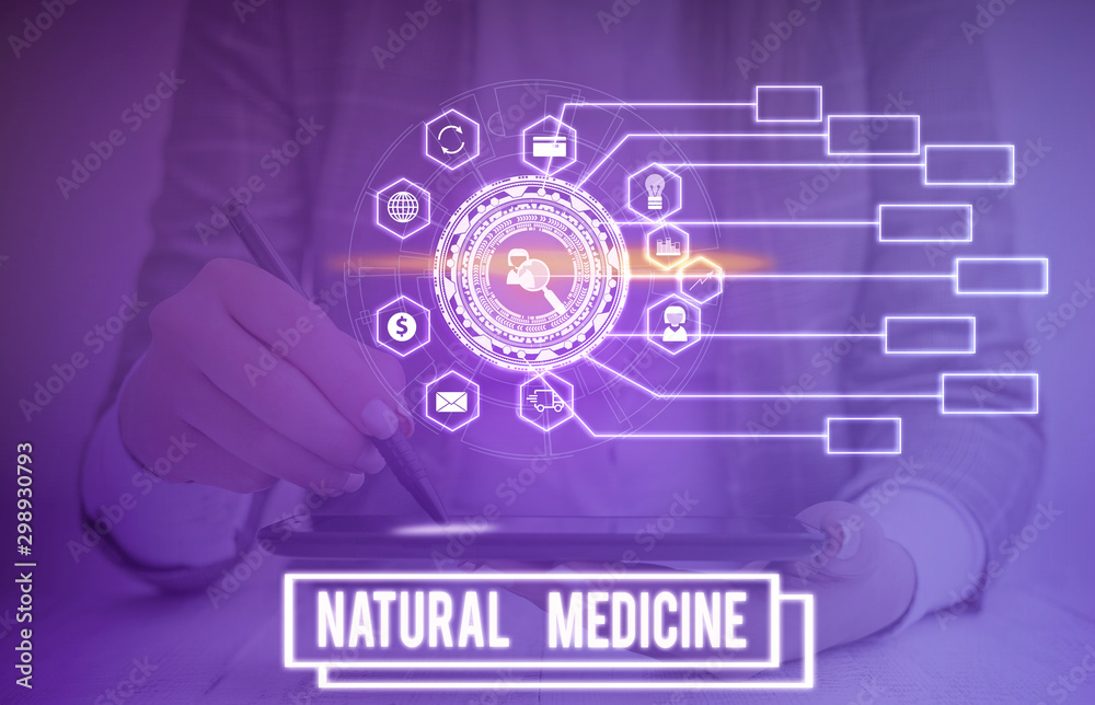 Obraz premium Text sign showing Natural Medicine. Business photo text any of various systems of healing or treating disease Picture photo system network scheme modern technology smart device