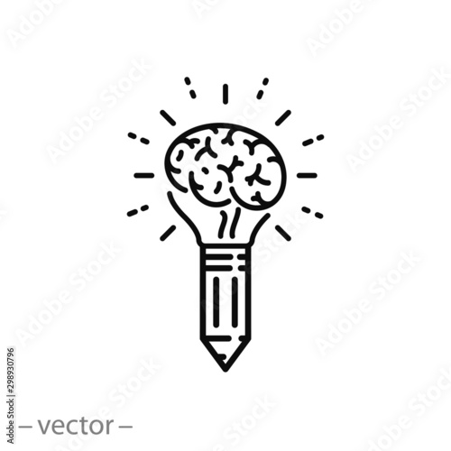 creative idea icon, pencil lightbulb brain logo, light inspiration concept, innovation, thin line web symbol on white background - editable stroke vector illustration eps 10