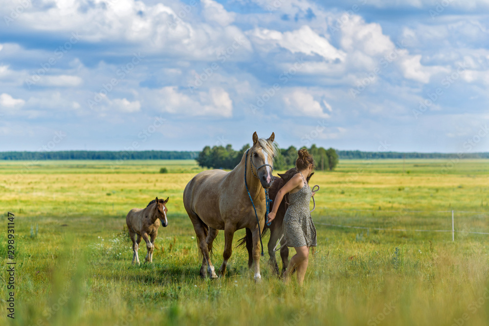 A girl on a field among horses, against a background of sky and clouds.