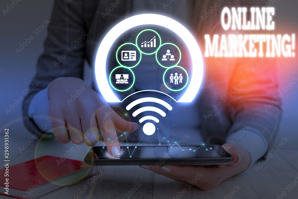 Naklejka premium Handwriting text writing Online Marketing. Conceptual photo leveraging web based channels spread about companys brand Picture photo system network scheme modern technology smart device