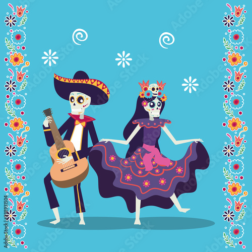 dia de los muertos card with mariachi playing guitar and catrina