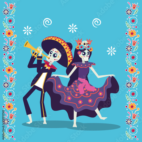 dia de los muertos card with mariachi playing trumpet and catrina