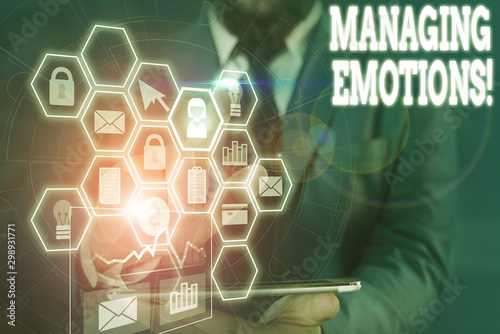 Writing note showing Managing Emotions. Business concept for ability be open to feelings and modulate them in oneself Picture photo network scheme with modern smart device