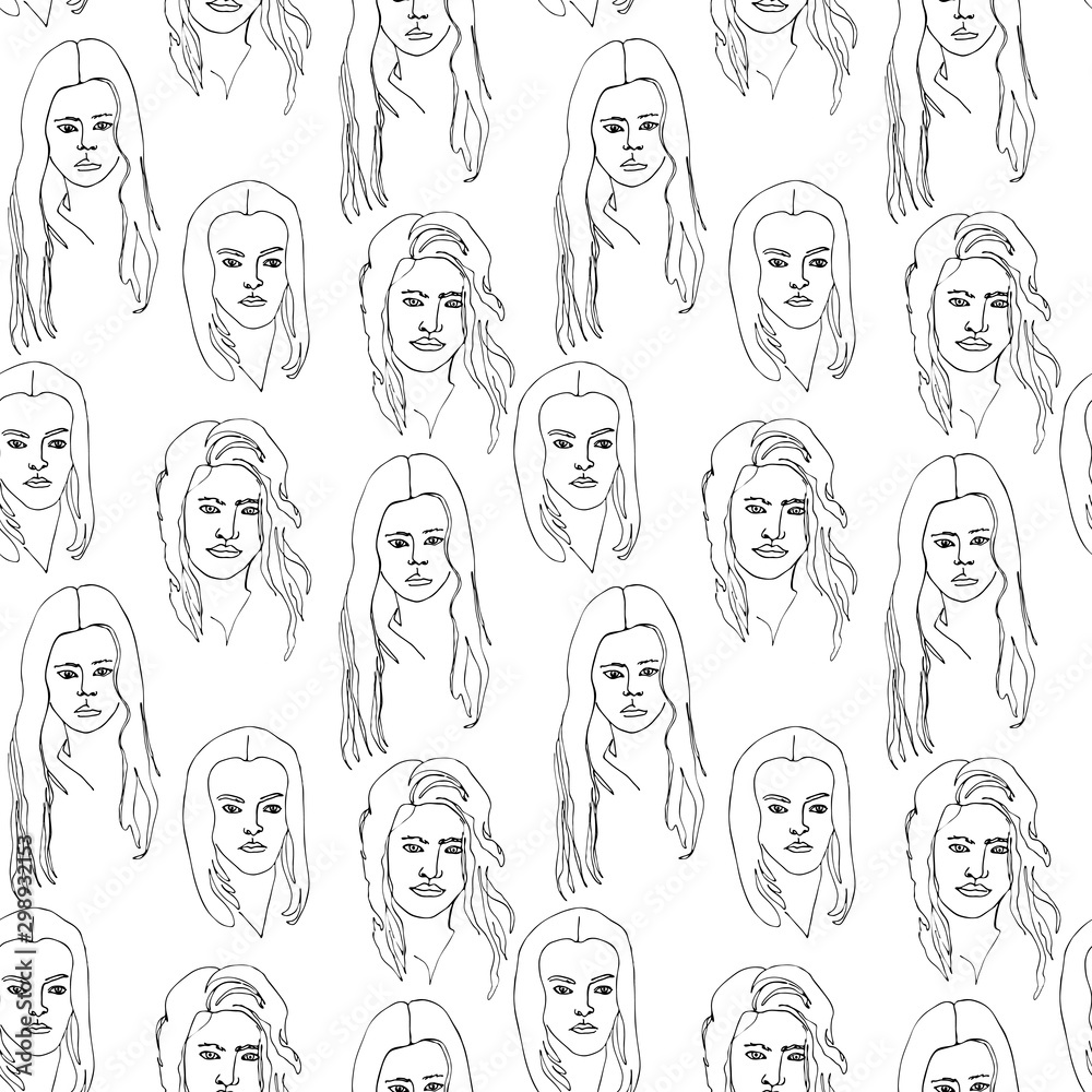 Modern seamless pattern with linear abstract woman with curly hair. Continuous line art. One line drawing. Minimalist graphic. Modern seamless pattern with linear abstract woman with curly hair. Continuous line art. One line drawing. Minimalist graphic.