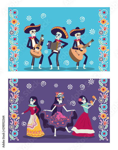 dia de los muertos card with mariachis and catrinas skuls