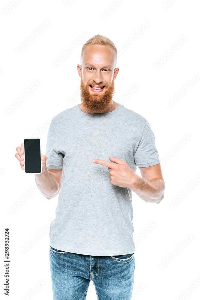 bearded man pointing at smartphone with blank screen, isolated on white bearded man pointing at smartphone with blank screen, isolated on white
