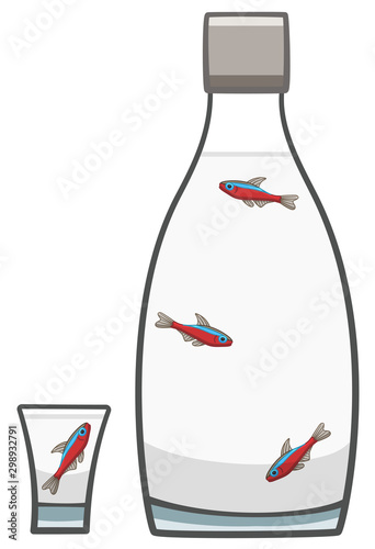 Cardinal tetra fishes inside of bottle and glass of vodka