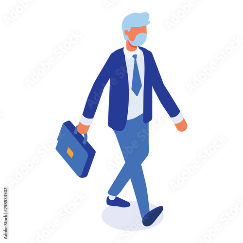 Walking business man with case isometric vector. 