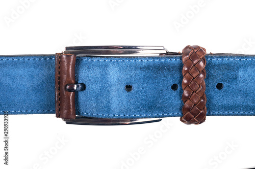 Blue leather belt with stitching isolated on white background. Men`s belt. Leather belt with metallic clasp. Clothes accessory. Trendy clothes accessories. Fabric texture closeup