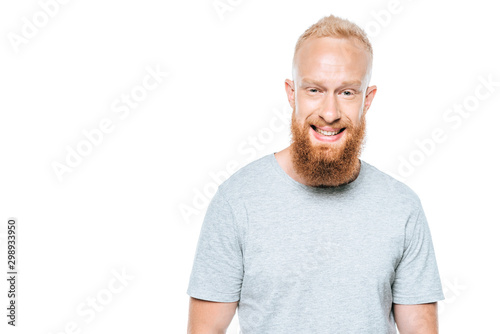 handsome smiling bearded man in grey t-shirt, isolated on white