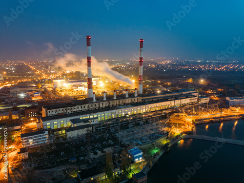 Voronezh thermal power plant at night. Aerial view from drone of large industrial area