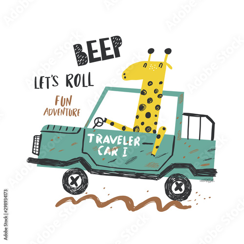 Car and cute giraffe vector illustration for print design. Can be used for shirt design, fashion print design, kids wear, textile design, greeting card, invitation card.