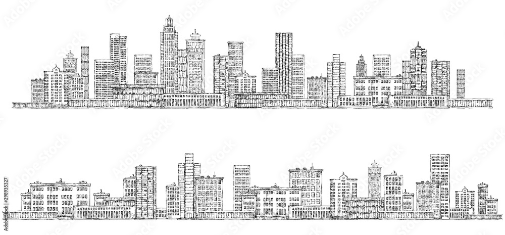 Modern City skyline, highly detailed hand drawn vector illustration