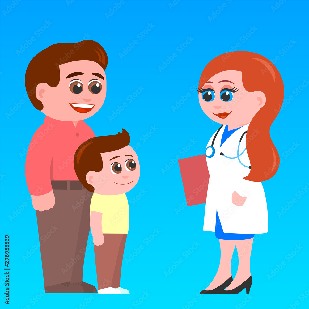 Father and little son meet a family doctor. Female pediatrician. Everyone is smiling. Cartoon vector illustration.