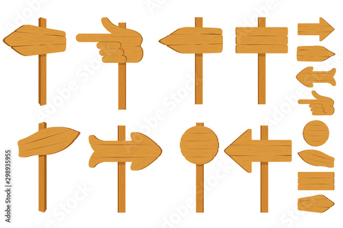 Set of various empty wooden sign boards, wood arrow sign on white background. Retro, old or vintage signs with nails. Banners for messages or pointers for path finding. Vector graphics to design.