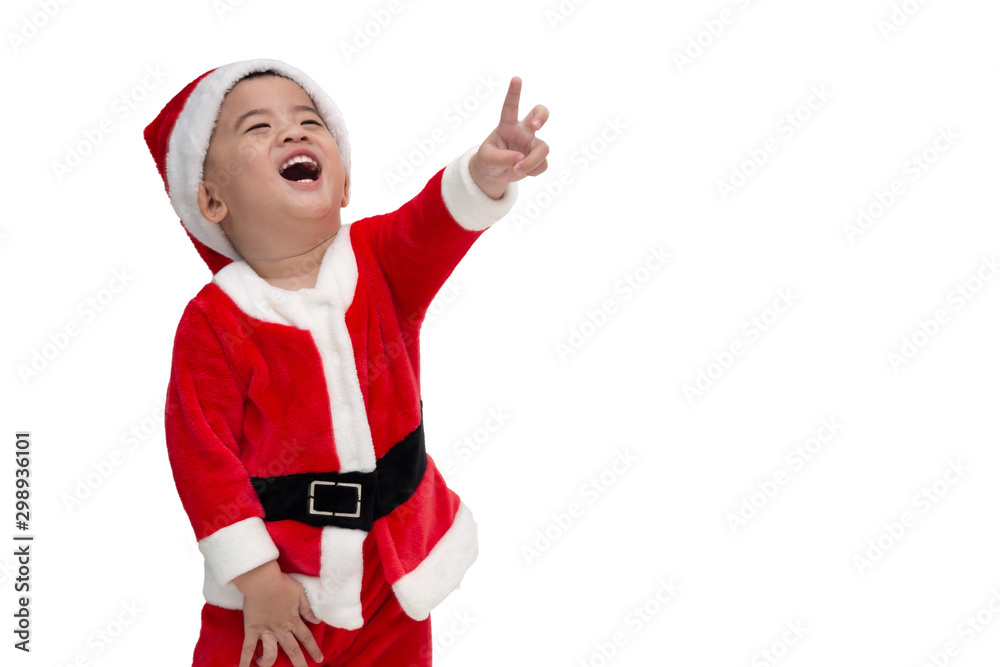 Asian baby boy in a Christmas costume Santa Claus pointing fingers and laughing isolated on white background, Happy and smile concept Asian baby boy in a Christmas costume Santa Claus pointing fingers and laughing isolated on white background, Happy and smile concept