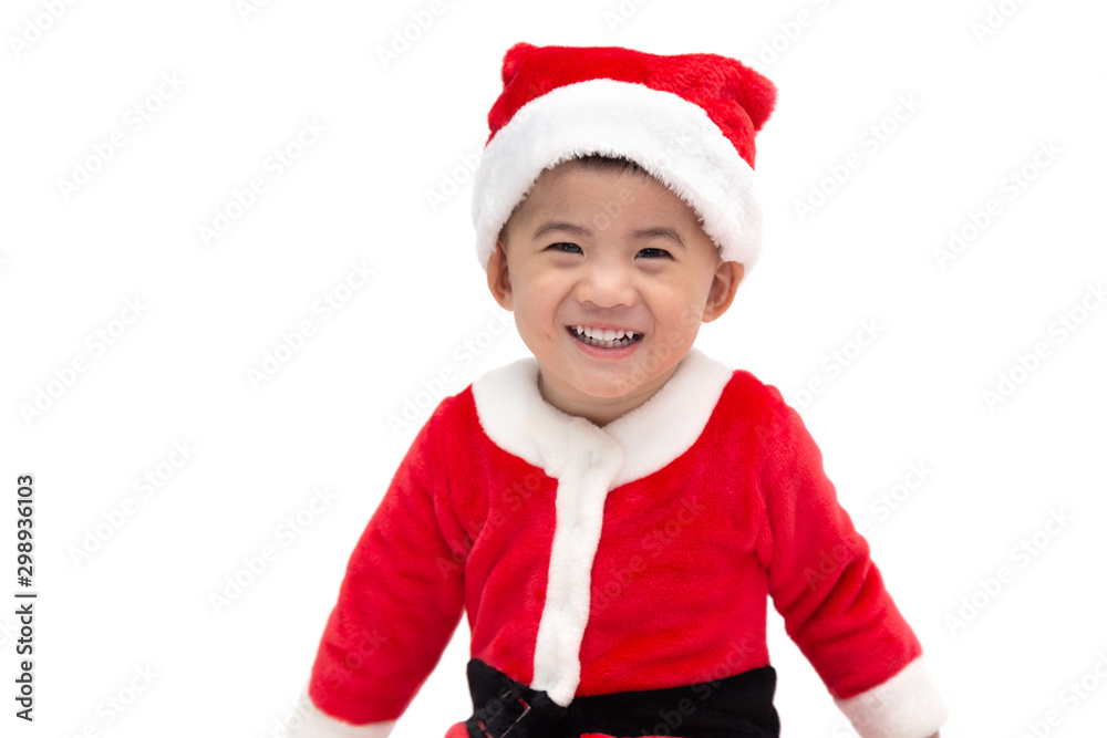 Happy asian baby boy laughing and having fun in a Christmas costume Santa Claus isolated on white background Happy asian baby boy laughing and having fun in a Christmas costume Santa Claus isolated on white background
