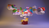 Many clouds are floating out of large gift boxes and there are many gift boxes on top. minimal idea concept. 3D render.
