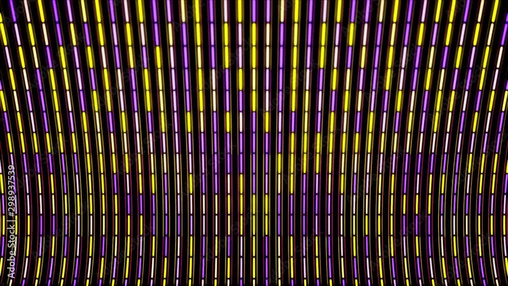 Abstract colorful lines devided into small segments flowing on black background, seamless loop. Animation. Digital vertical rows of narrow yellow and purple stripes.