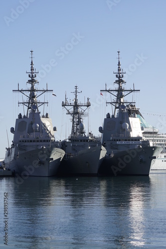 fragatas de la armada española almirante juan de bonbon, reina sofia y alvaro de bazan atracadas en puerto de malaga andalucia espàña photo