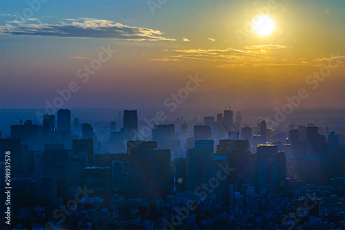 Sunset scene aerial cityscape view of tokyo city from viewpoint.