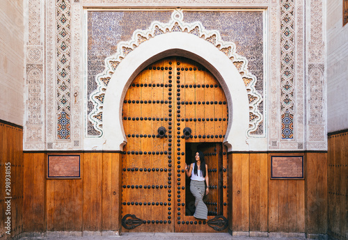 Arabic mosque door in Fez, Morocco photo
